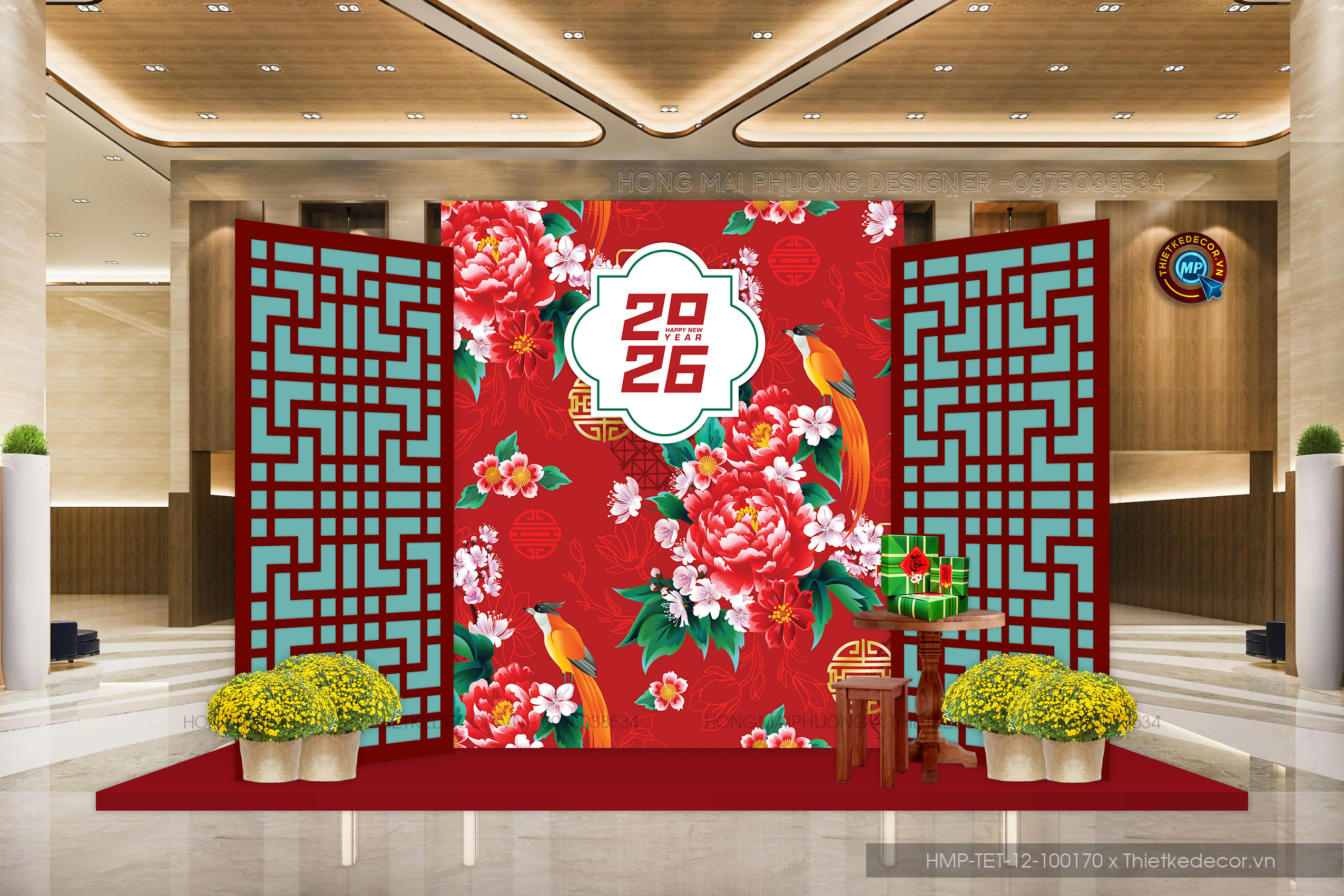 File thiết kế trang trí Tết 2026 Xuân Bính Ngọ. Backdrop checkin Tết.